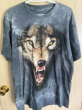 Vintage 90s The Mountain Big Face Wolf Shirt Blue Grey Tie Dye X-Large